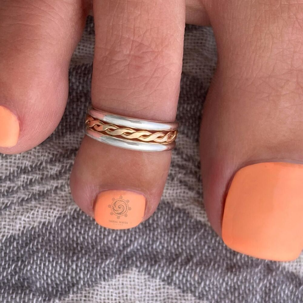 Mixed Metal Braided Double Band Toe Ring Adjustable